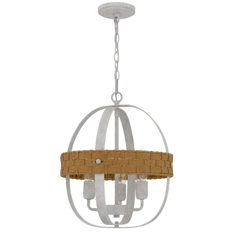 Lustre Baty, rotin rustique 3 lumières, métal blanc rond, 17,88 po x l 14,75 po x P 14,75 po, 3