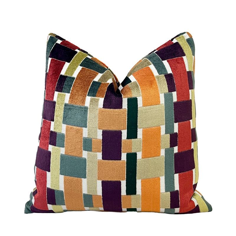 Housse de coussin en velours Ava, Orange géométrique, H 20 po x l 20 po