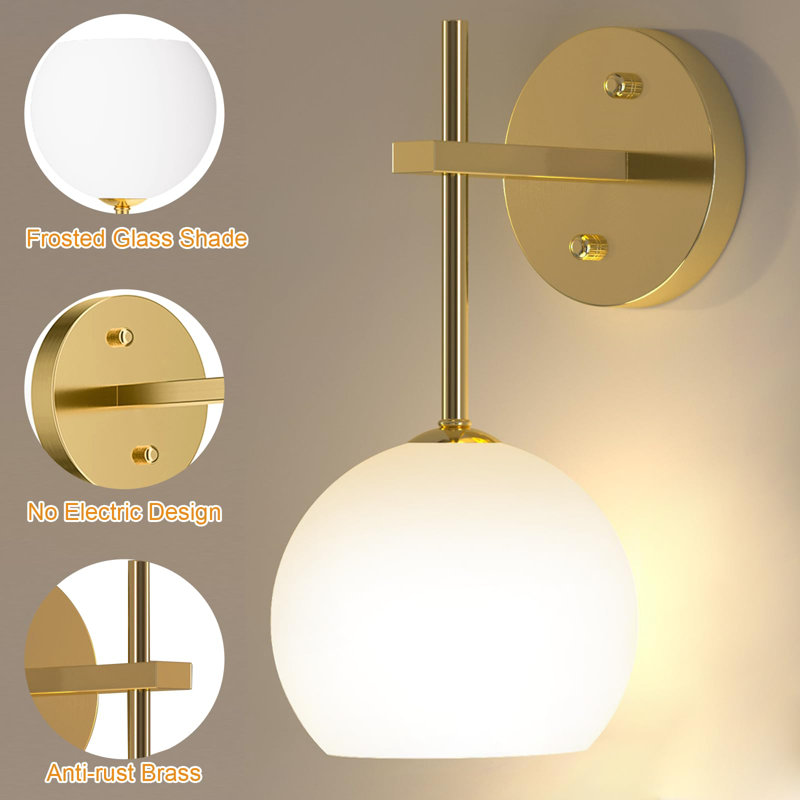 Battery Rechargeable Wall Lights Set Of 2, Sconces Wall Lamps With Frosted Glass, Gold