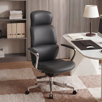 Genuine Leather Executive Chair, Swivel Ergonomic Office Chair, Home Desk Chair with Tilt Reclining, Alu