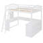 Lit mezzanine double en bois avec bureau en U, compartiments de rangement et miroir à trois volets, blanc