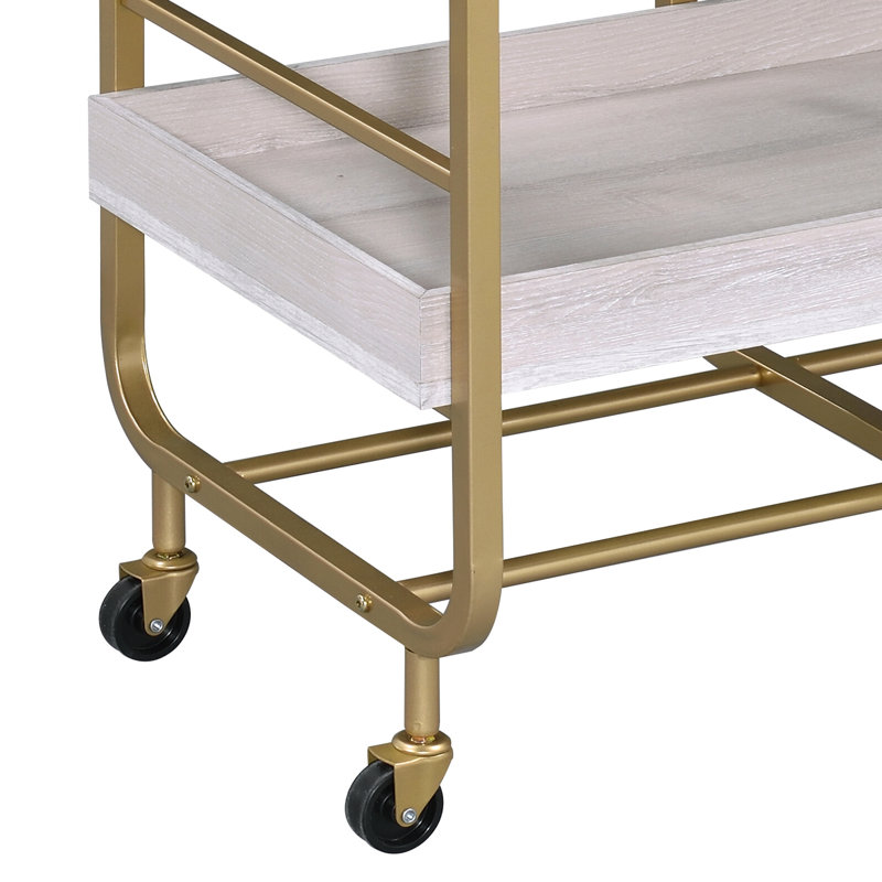 Chariot de service doré et blanc avec 3 plateaux amovibles réglables en bois et base rectangulaire