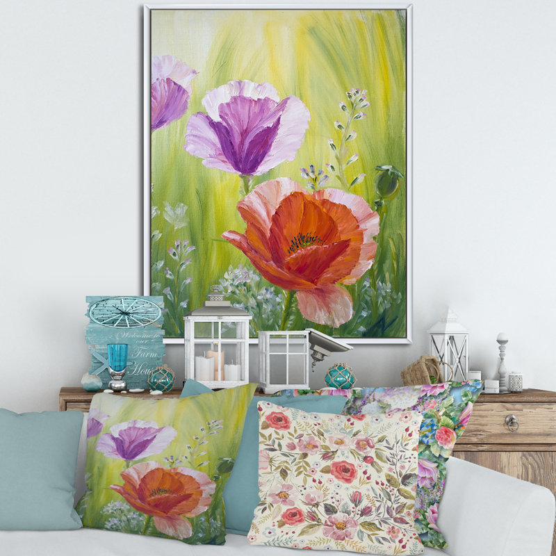 Coquelicots dans le matin - peinture sur toile, Toile blanche encadrée, H 20 po x l 12 po x P 1po