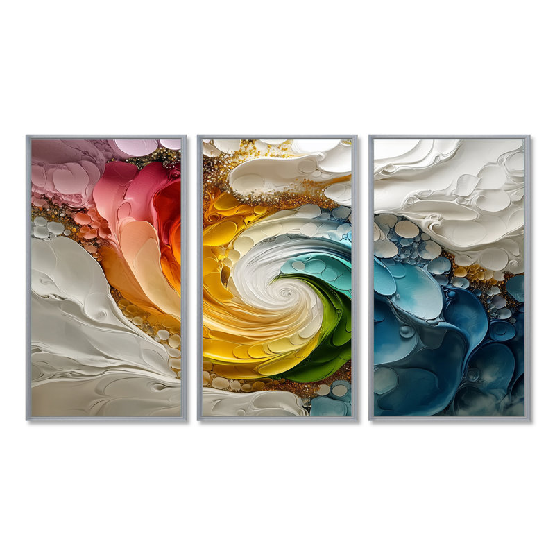 Ensemble de salon blanc et couleurs Vortex Of Life I - Abstract Spirals, Toile argentée avec cadre flottant