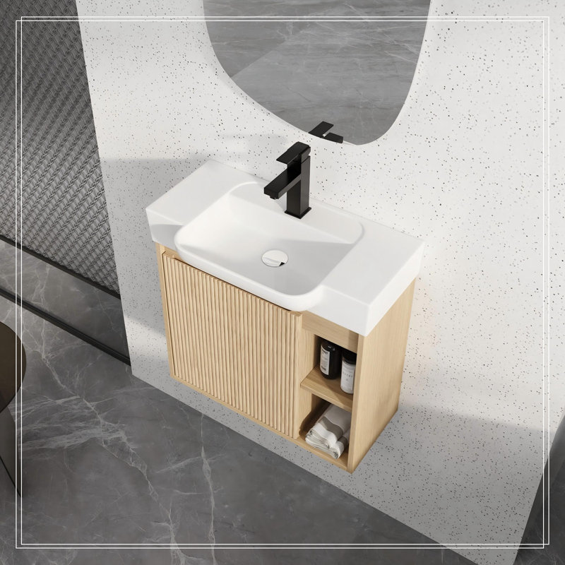 Meuble-lavabo mural avec portes doubles et tablette ouverte, Natural