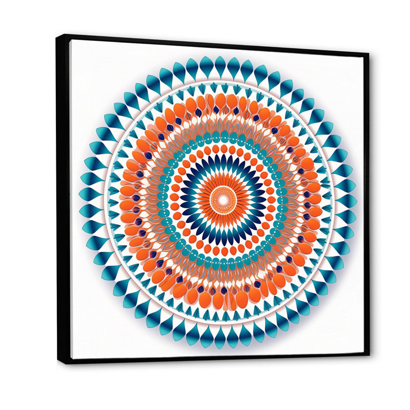 Exquis mandala en rétro bleu et orange sur toile, H 24 po x l 24 po x P 1 po, Cadre flottant noir