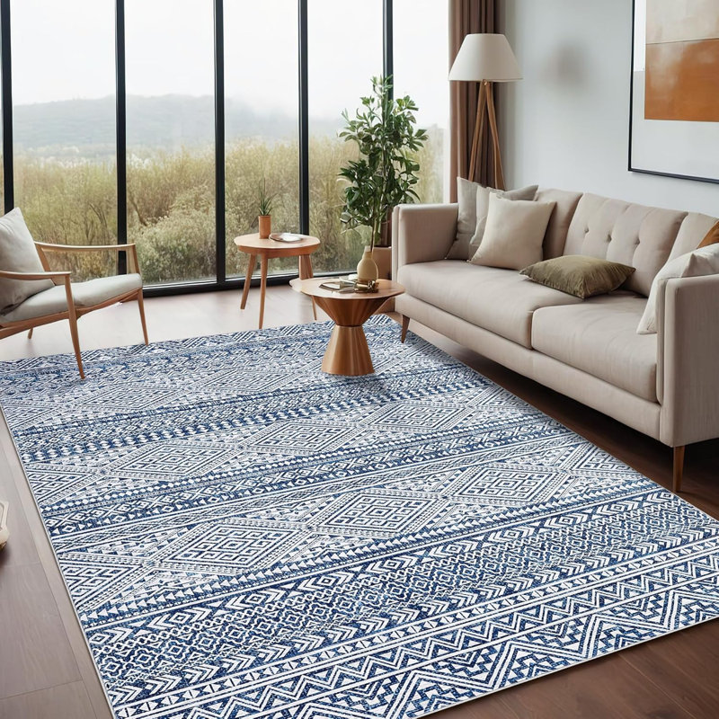 Boho Distressed Area Rug, Machine Washable Non-Slip Large Carpet for Living Room, Dining Room, Home Decor 