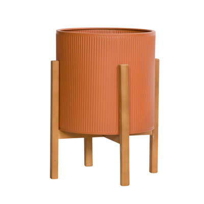 Melahat Mid Century Modern Indoor Metal Pot Planter 4-Leg Wood Base