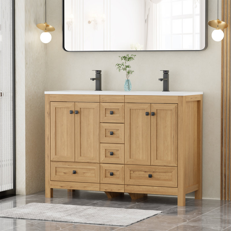 Ensemble de meuble-lavabo à double cuve 48 "avec plateau en résine, air bois naturel, assemblage requis, 48"