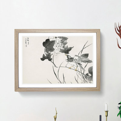 Grey Starling with White Lotus Flowers by Numata Kashu - Picture Frame Painting Print