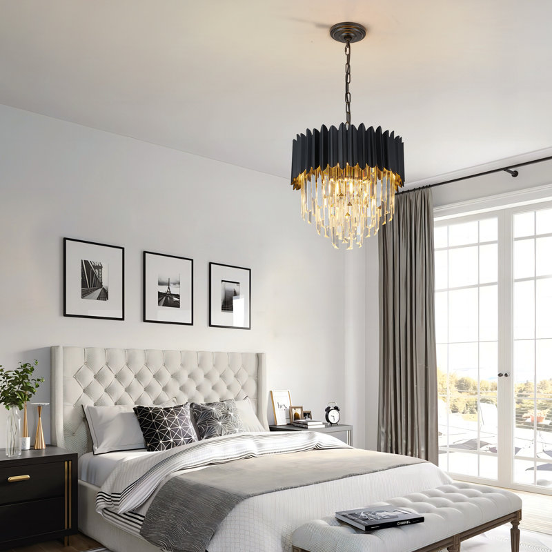 Lustre moderne en cristal noir, diamètre de 15 pouces, 5 lumières, hauteur réglable