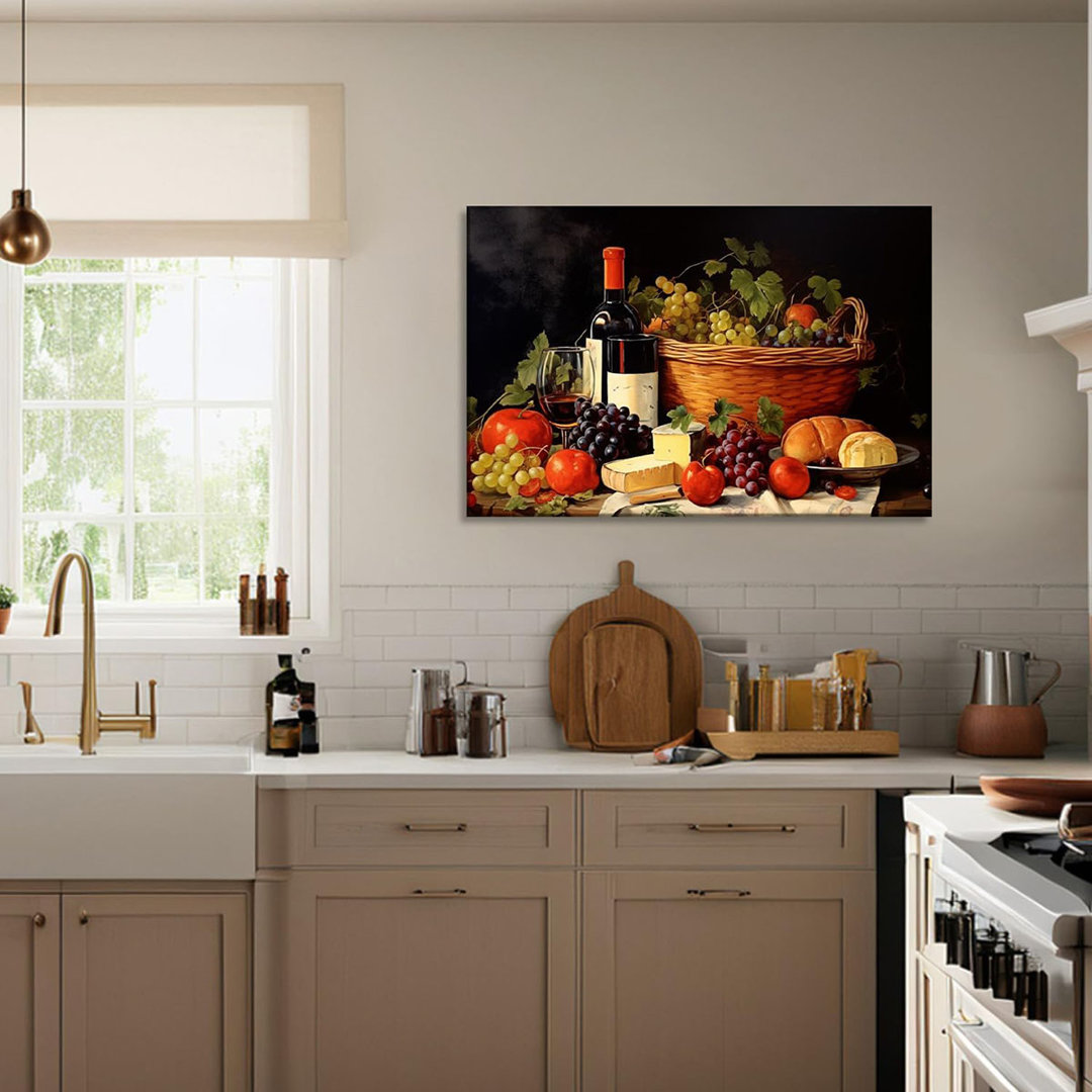 Wine Canvas Wall Art Kitchen Wall Decor Red Wine Bread With Fruit On Table Picture Food Still Life Painting Vintage Prints For Bar Restaurant Dining R