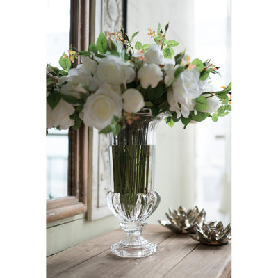 15” Clear Glass Pedestal Vase with Ornate Design, Crystal-Inspired Home Accent for Mantel, Tabletop, or Centerpiece Display