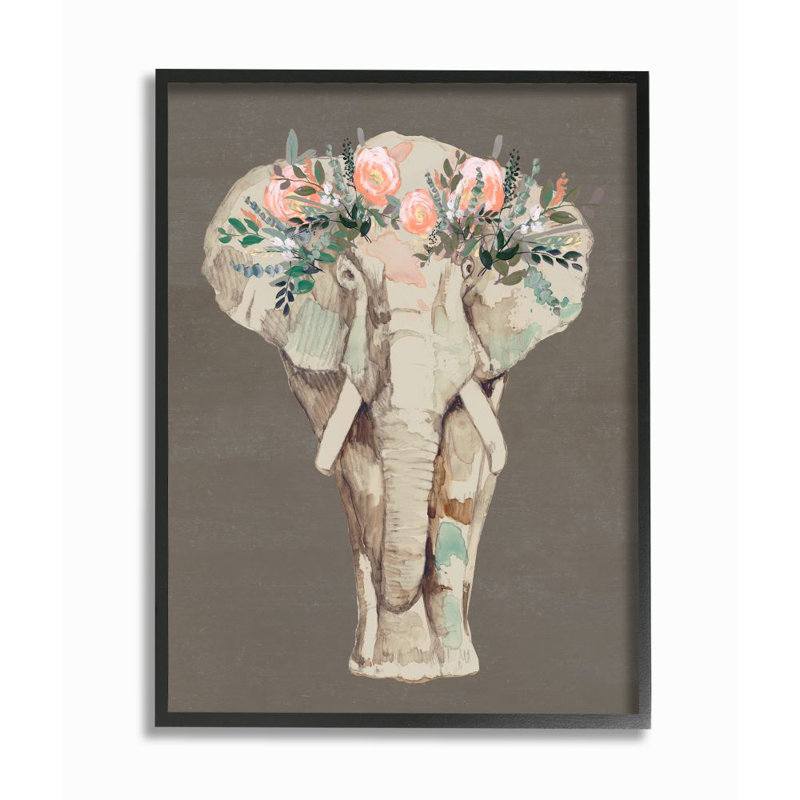 Éléphant, couronne de fleurs, rose, vert, fleur élégante par Jennifer Goldberger - impression, H 30 po x l 24 po