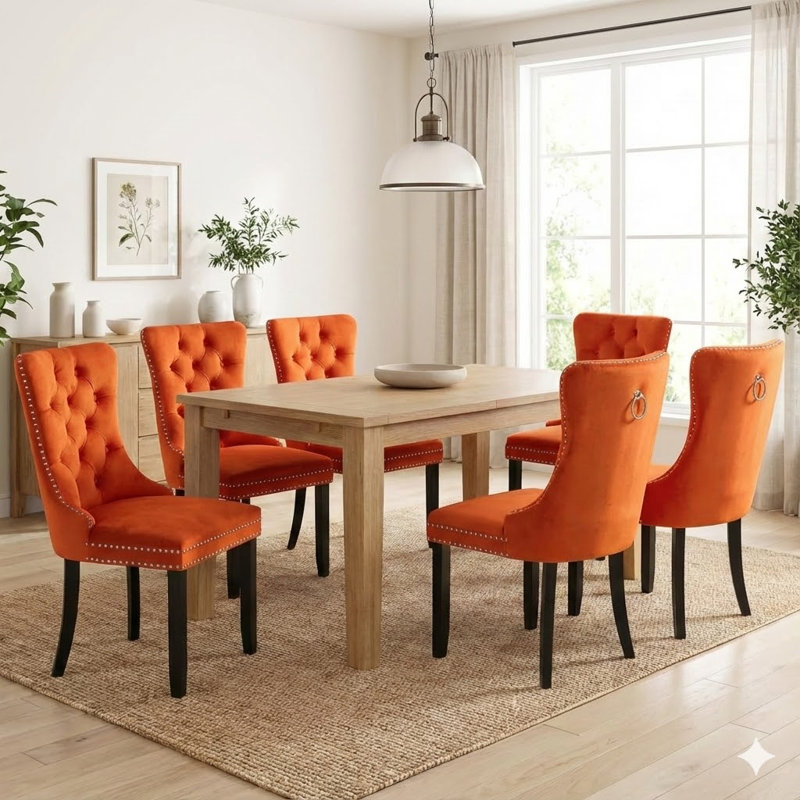 Chaise de salle à manger en velours capitonnée avec pieds en bois massif (ensemble de 6), Orange