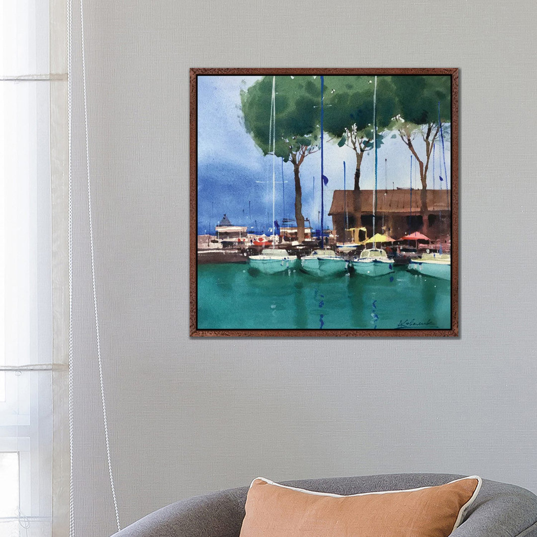 Yachten am Pier in Italien. Gardasee von Andrii Kovalyk - Galerie-verpackte Leinwand Giclée auf Leinwand