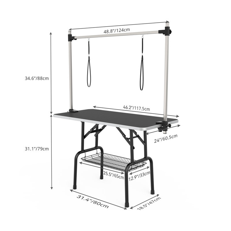 65'' H x 46.2'' W x 24'' D Stainless Steel Dog Folding Grooming Table, Noir mat
