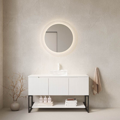 Tulio 48" Bathroom Vanity&Sink, Freestanding Bathroom Storage Cabinet With 3 Doors And Open Shelf, Transparent Round Glass Basin&Carrara White Sintered Stone Top, White Colour
