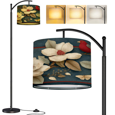  Lampe sur pied à arc avec branches de magnolia florales, fleurs, oiseaux mignons, impression sur papillon, grand lampadaire moderne à DEL, abat-jour réglable en lin, 3 températures de couleur