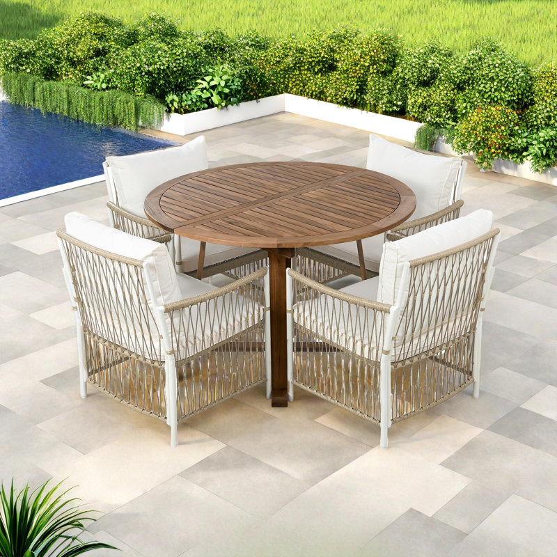 5-piece Patio Dining Table Set Included 1 Extendable Coffee Table, 4 Rattan Arm Chairs With Cushions And Iron Frame
