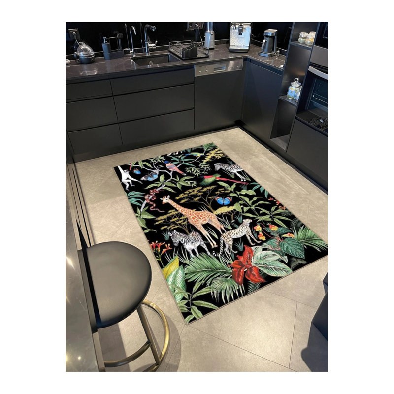 Black Themed Multicolored Tree Giraffe And Monkey Patterned Modern Decorative Carpet, Runner 3'4" x 9'11"