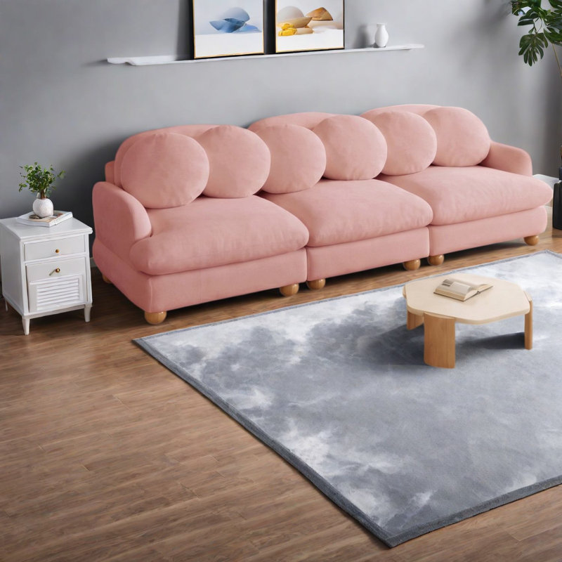 Canapé d'angle rose moderne, canapé trois places en chenille avec 6 coussins, structure en bois massif, Pink