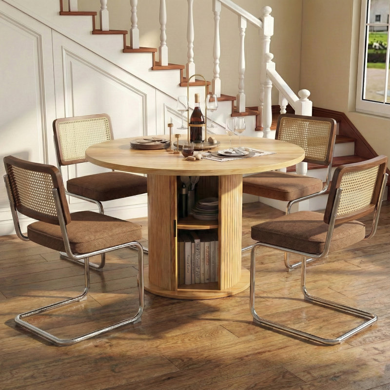 5-piece Round Pedestal Tal Dining Set With Cane Back Cantilever Chairs, Coffee