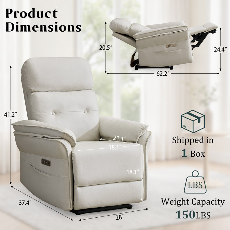 Power Zero Gravity Recliner Chairs, Electric Recliner Chair for Living Room and Bedroom, Small Recliner for Small Spaces with USB&Type-C Ports, Side Pockets
