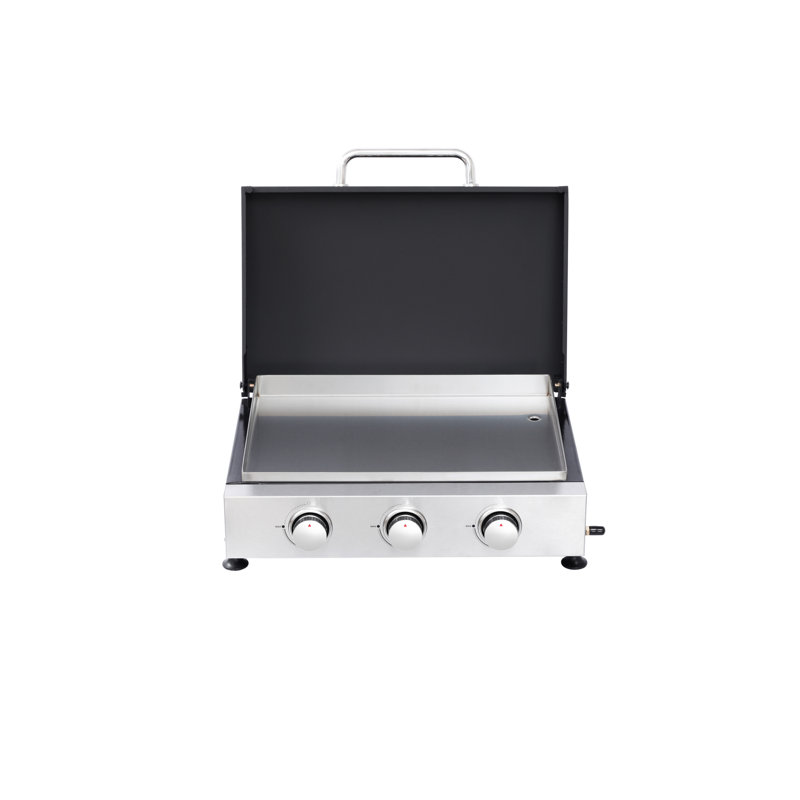 Barbecue au gaz 3 brûleurs avec corps de poêle émaillé, filet en fonte, résistance aux hautes températures, carter d'huile coulissant, + design, acier inoxydable multifonction 28650Btu avec poêle à température, 28680Btu
