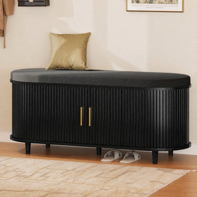 Banc de rangement à chaussures à 2 étages de style Mid-Century moderne avec porte coulissante cannelée et tablettes réglables