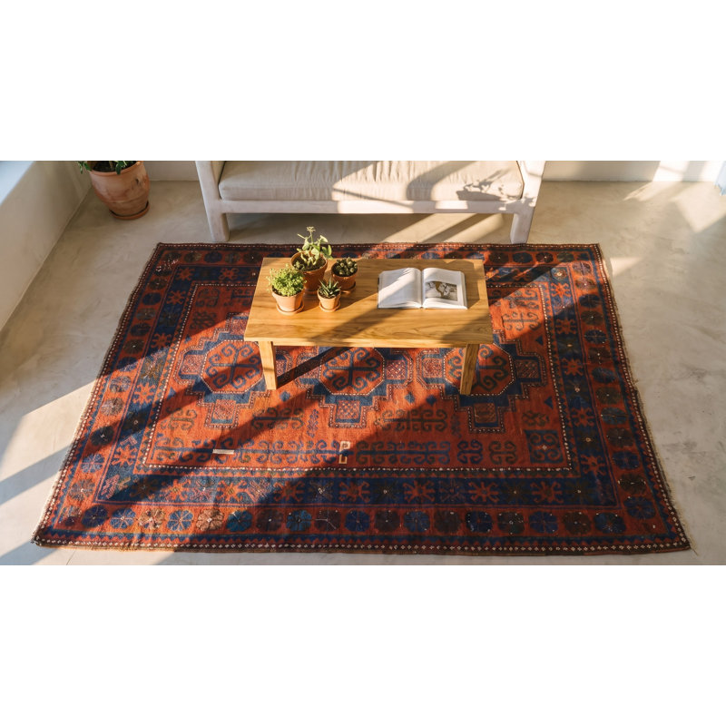 Bold Red and Blue Antique Tribal Primitive Caucasian Kazak Area Rug