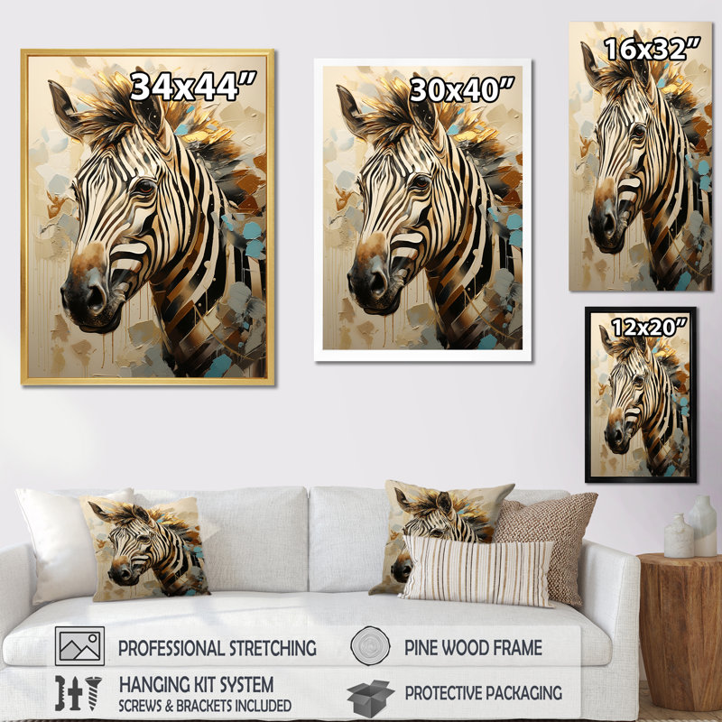 «Beige et or», impression zèbre sur toile, Cadre simple blanc, H 40 po x l 30 po x P 1,5 po