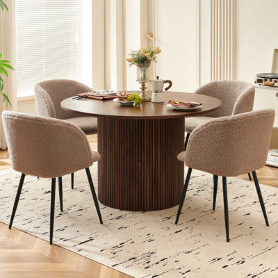 47" Round Dining Room Table And Chair Set, Walnut Table With 4 Sherpa Kitchen Chairs For Dining Room Kitchen Apartment - Brown