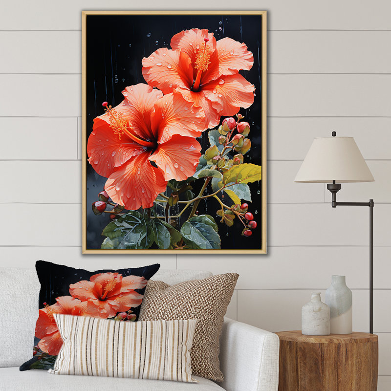 Hibiscus tropical - rose, Cadre flottant brun, H 32 po x l 16 po x P 1 po