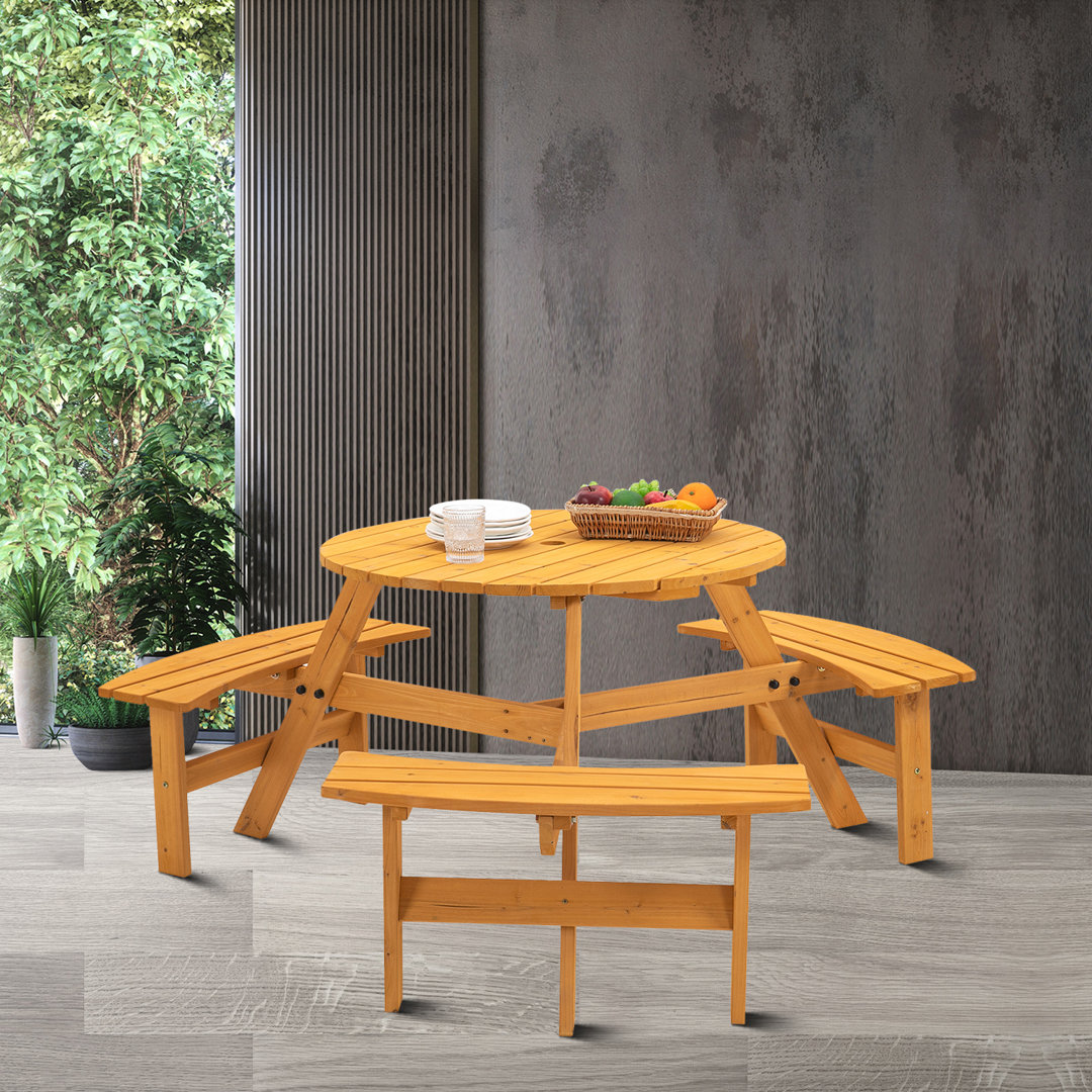 Anamur 66.9'' Outdoor Picnic Table with 3 Integrated Benches, Round Outdoor Table with Umbrella Hole Red Barrel Studio®