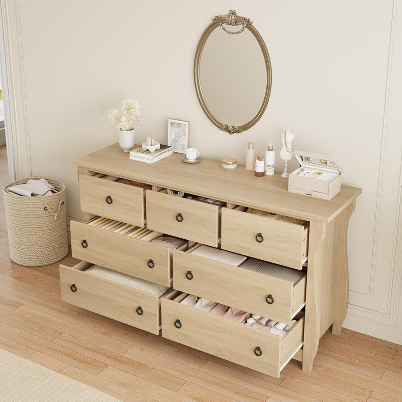 Commode haute 6/6 tiroirs avec pieds courbés Boho pour salon, chambre à coucher, entrée ou balcon, Beige