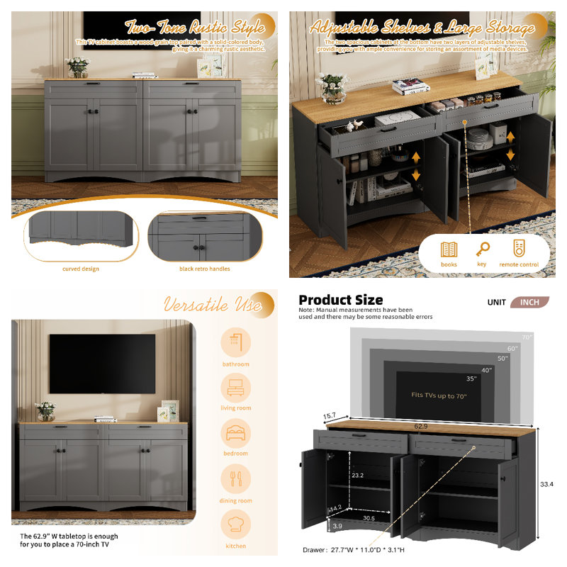 3-Piece Farmhouse Entertainment Center with Storage Cabinet for TVs Up to 70",TV Stand with Bookshelf, Gray
