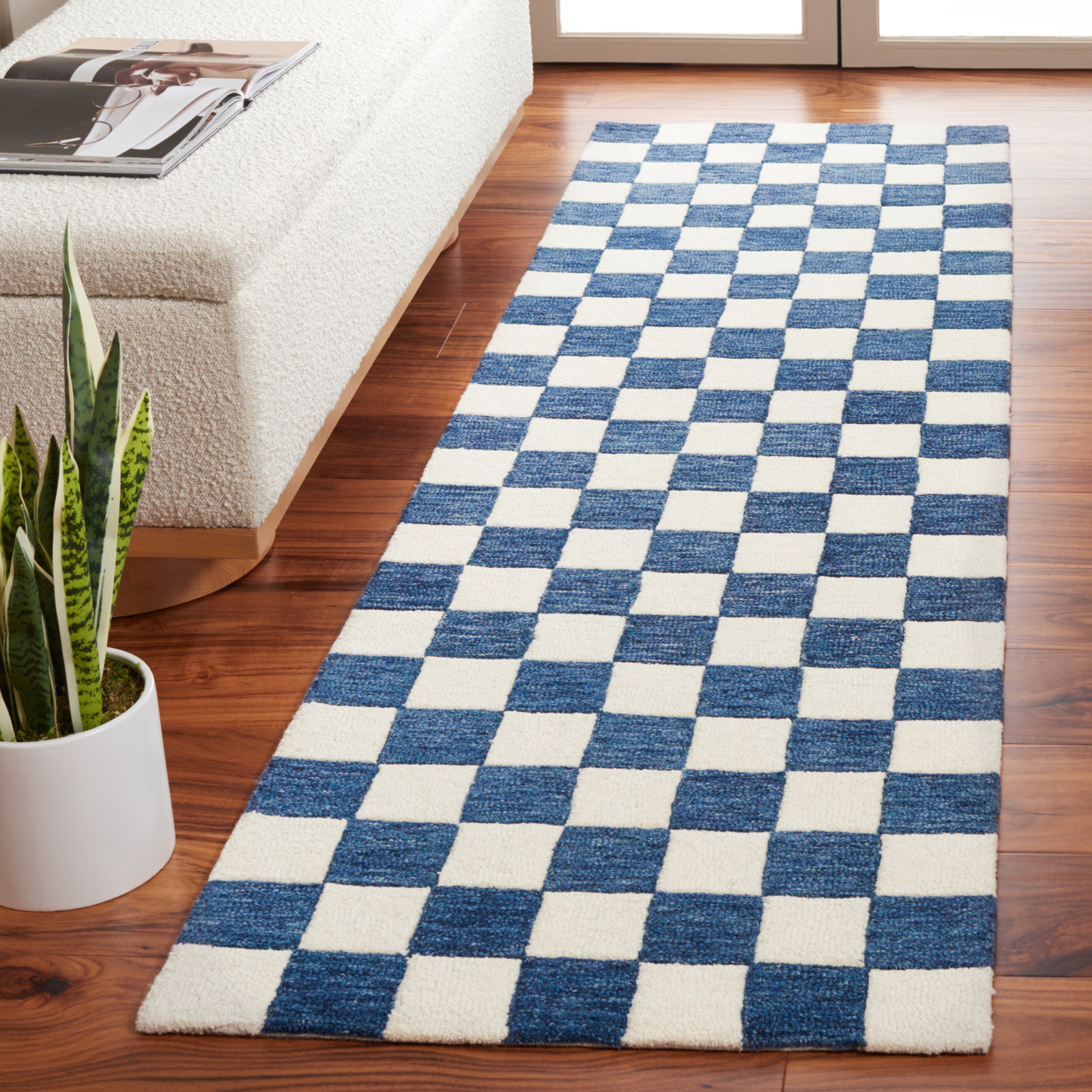 Freemont Blue Ivory Hand-Tufted Checkered Rug, Runner 2'3" x 8'