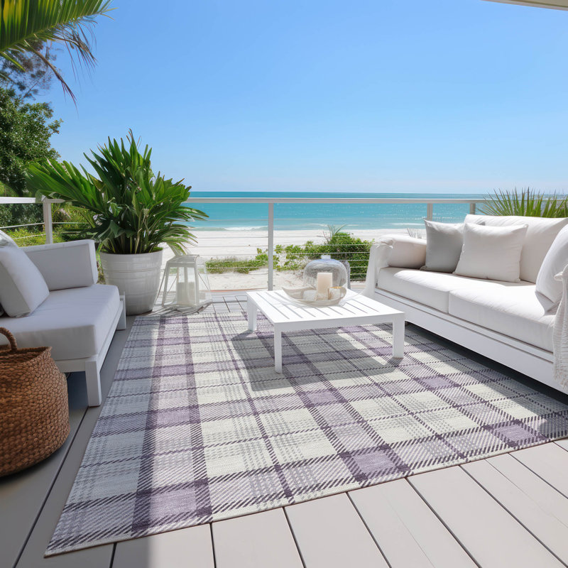 Lavender Plaid Washable Synthetic Indoor/Outdoor Rug