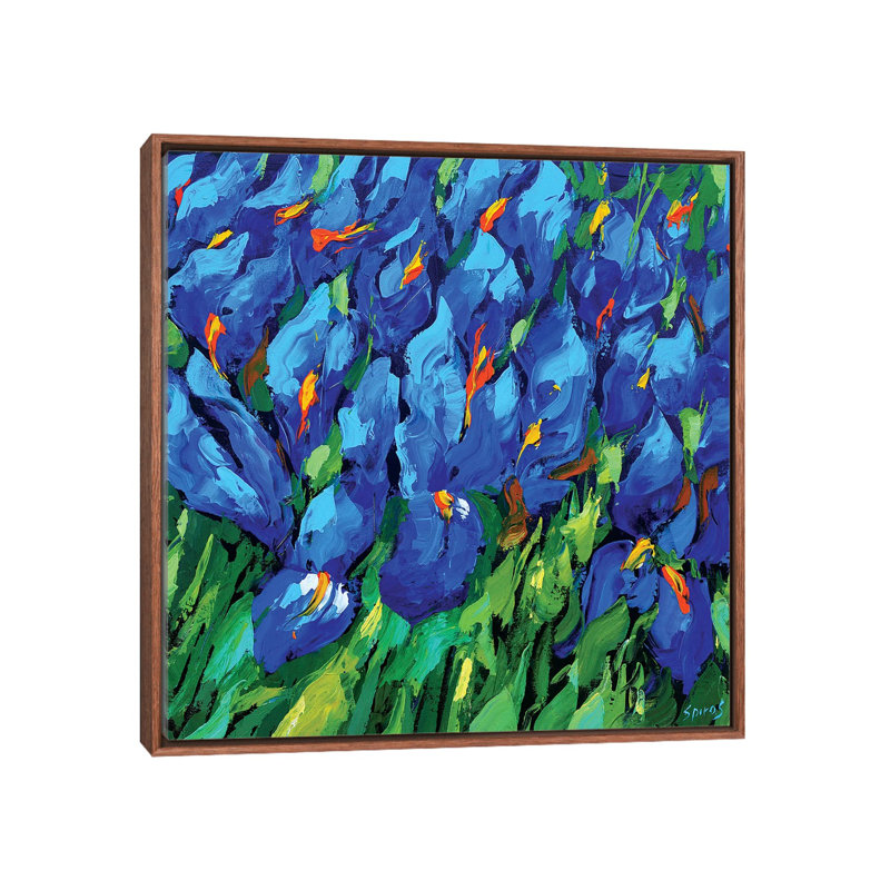 «Blue Irises II» par Dmitry Spiros - reproduction d'art, Toile classique avec cadre brun, Non mat, H 18 po x l 18 po x 1,5 po