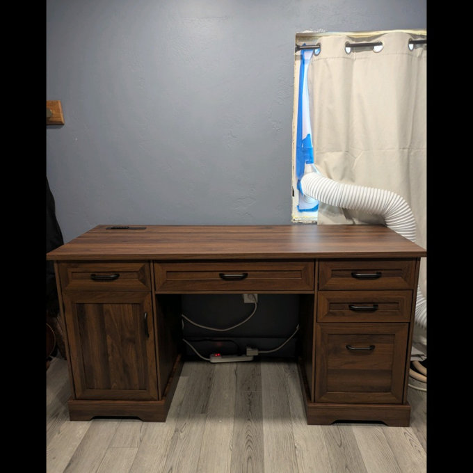Farmhouse Executive Desk With Recessed Power Outlets, Wood Home Office Desk With Drawers,rustic Computer Writing Desk With Storage Cabinet,vintage-style Desk With File Drawer - Brown