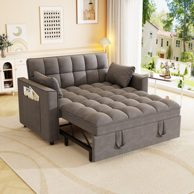 Sleeper Sofa Couch W/Pull Out Bed,  Modern Velvet Convertible Sleeper Sofa Bed, Small Love Seat Sofa Bed W/Pillows & Side Pockets For Small Space, Living Room, Apartment,Dark Gray