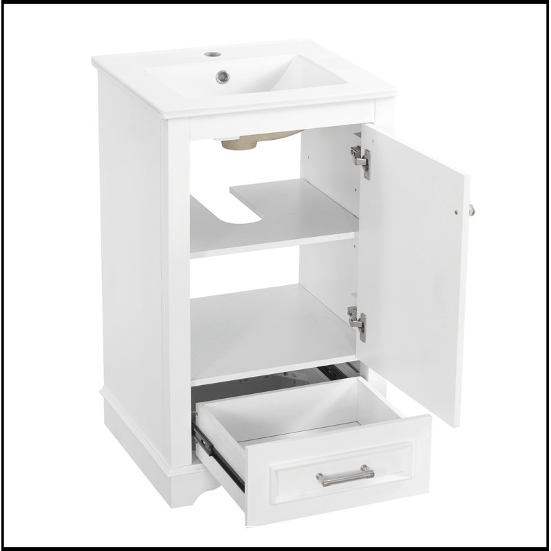 Meuble-lavabo de salle de bain avec lavabo en céramique, porte à fermeture et tablette réglable, White