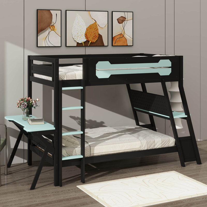 Lit superposé simple avec deux bureaux de jeu intégrés et ports USB, cadre de lit superposé en bois avec rangement en panneau perforé, barrière de sécurité et échelle
