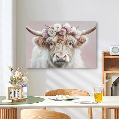Highland Cow With Pink And White Flower Crown Portrait, Large Gallery Wrapped Canvas Wall Art Print For Living Room Bedroom