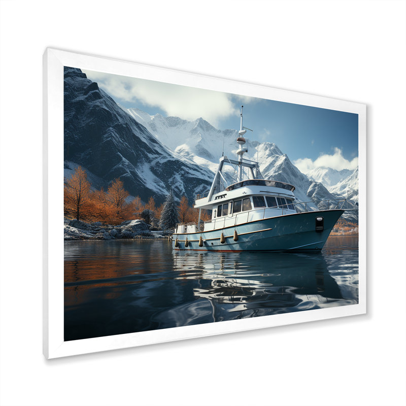 Bateau de pêche rouge et blanc dans la rivière I - bateau de pêche, art mural, Cadre de coin blanc fermé
