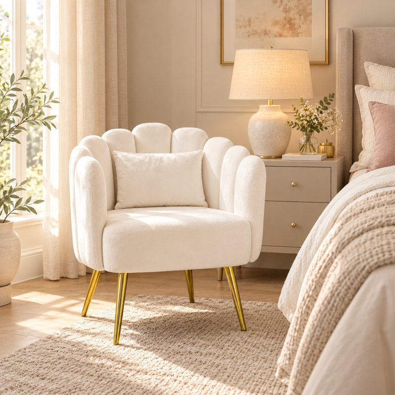 Chaise d'appoint moderne rembourrée en velours avec pieds en métal doré pour le salon, la chambre et le bureau blanc, Blanc