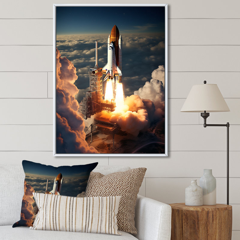 " Space Shuttle Launch III ", 44" H x 34" W x 1.5" D, White Floater Framed
