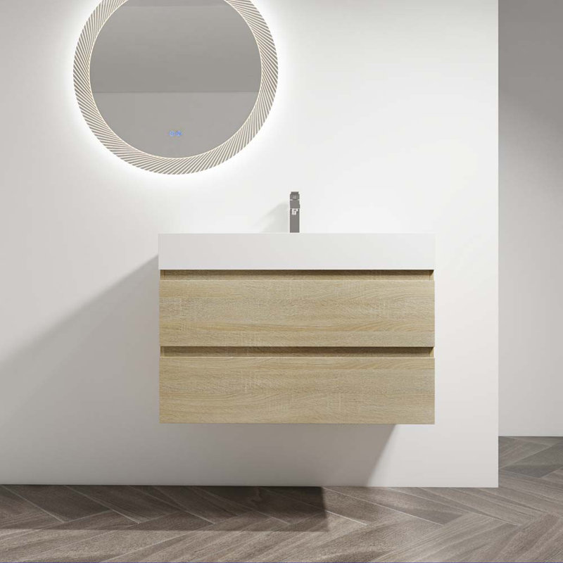 Ensemble de meuble-lavabo simple 35,4 po avec plateau en résine Jesscia, Chêne clair
