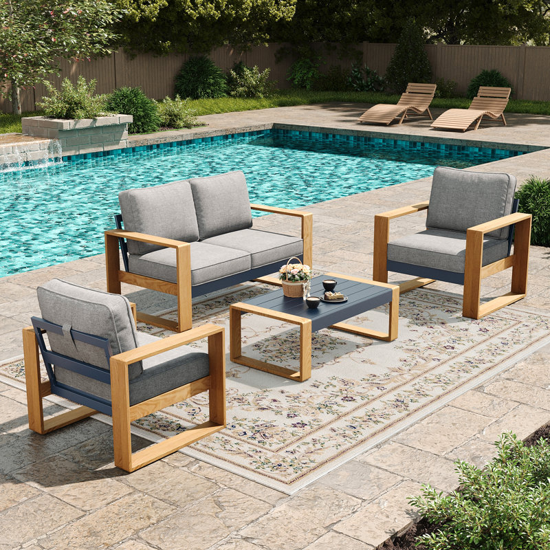  4 Pieces Aluminum Patio Furniture Set With Coffee Table, Oversized Seat With Hight Back Outdoor Conversation Sets